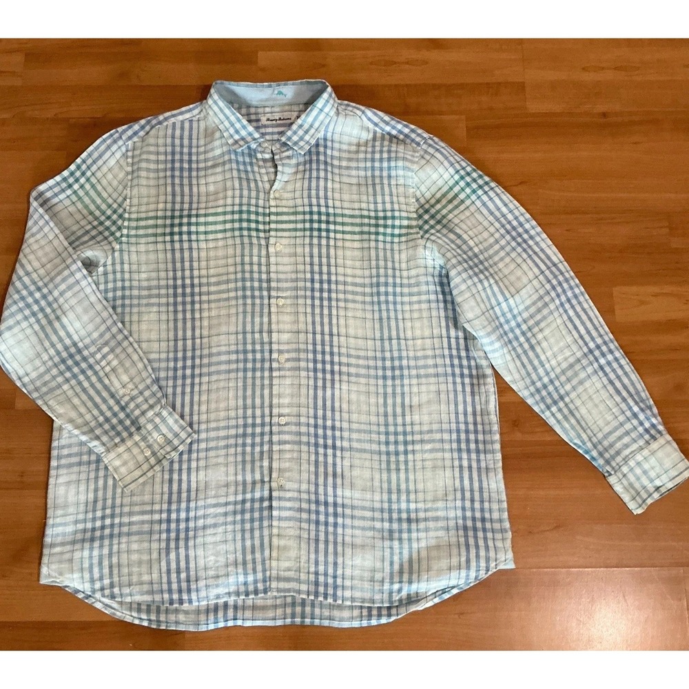 Tommy Bahama XXL Blue White Plaid 100% Linen Long Sleeve Button Shirt Mens